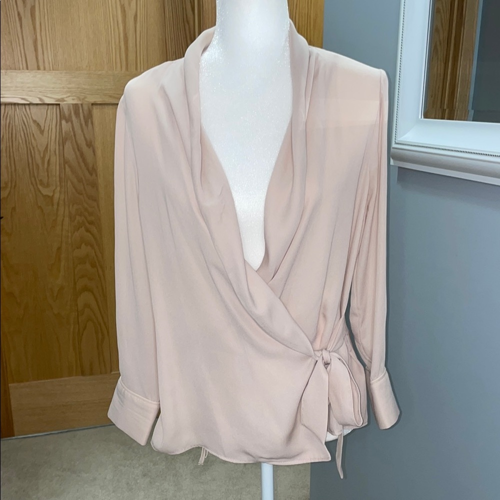 Zara Pink Tan Cuffed Sleeve Wrap Blouse